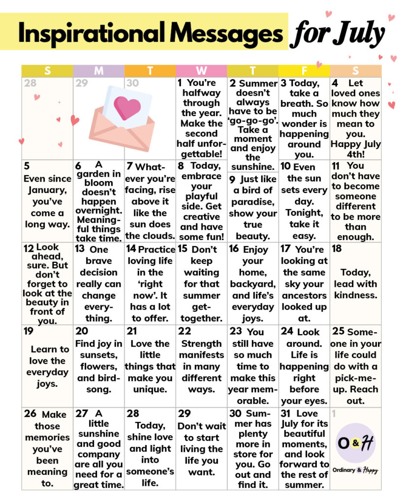 calendar of 31 inspirational messages for the month of july in a 7x5 calendar grid format