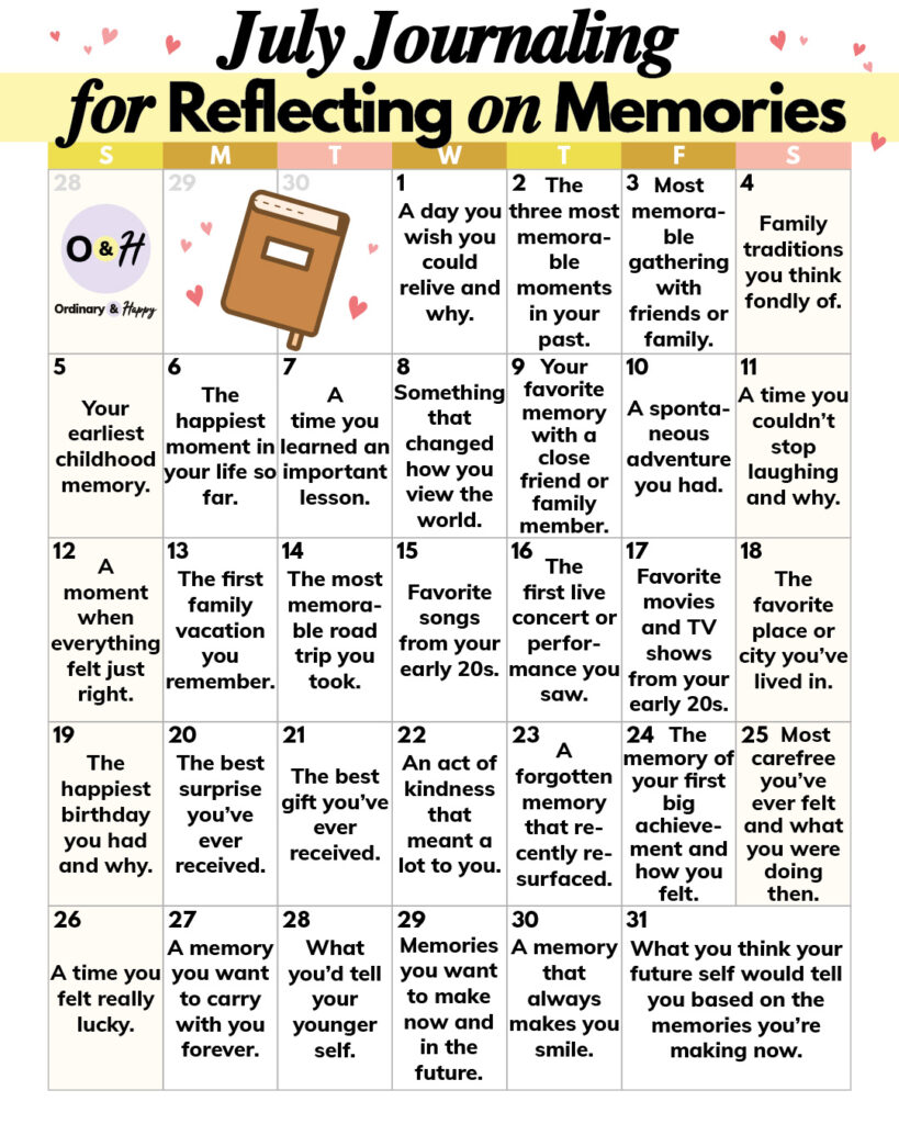Journaling for Reflecting on Memories (july calendar with prompts).
