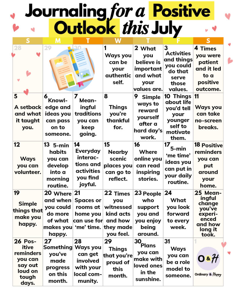 Positive outlook July journaling prompts.