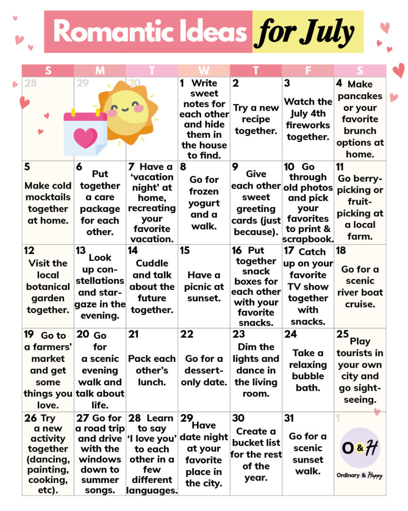 calendar of romantic ideas for july in a 7x5 calendar grid