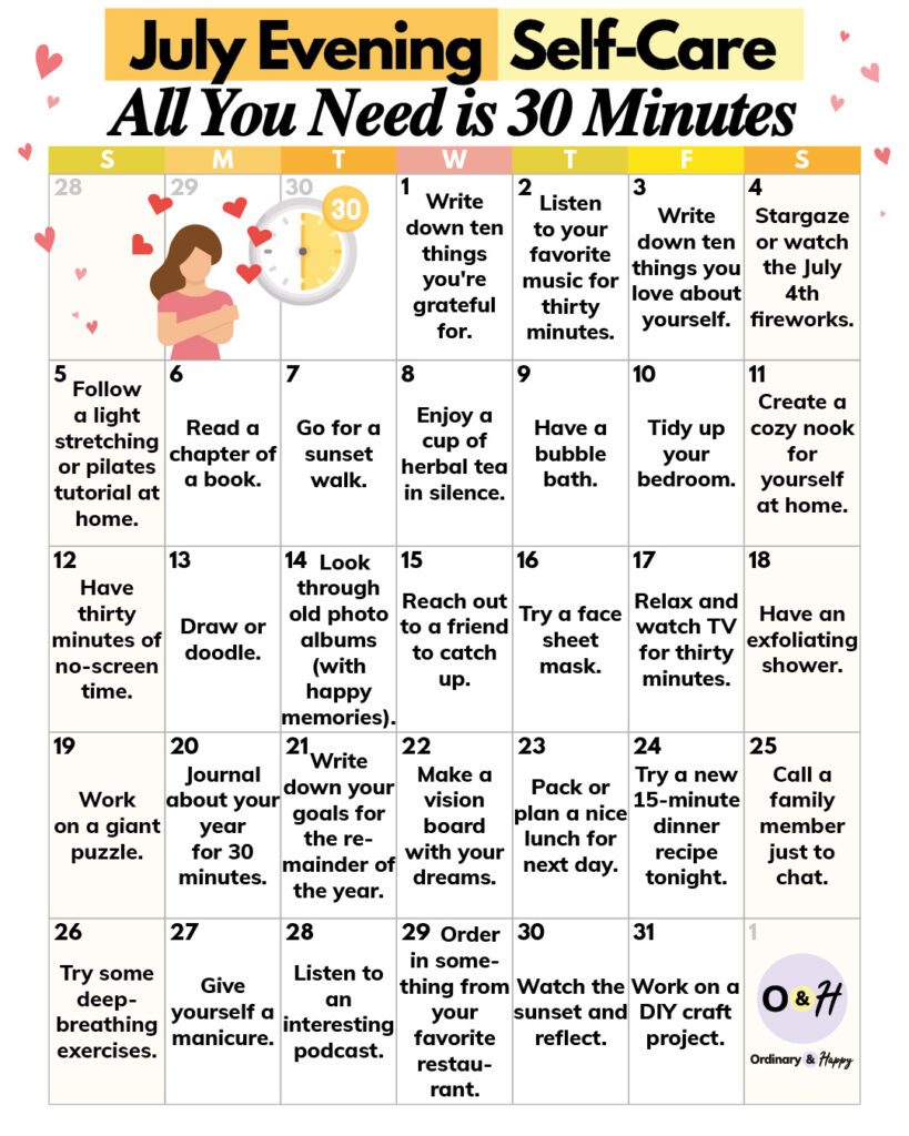 July self-care ideas in a calendar format.