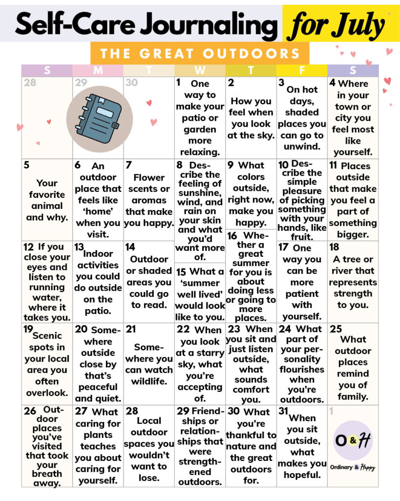 Self-care journaling prompts in a July calendar.