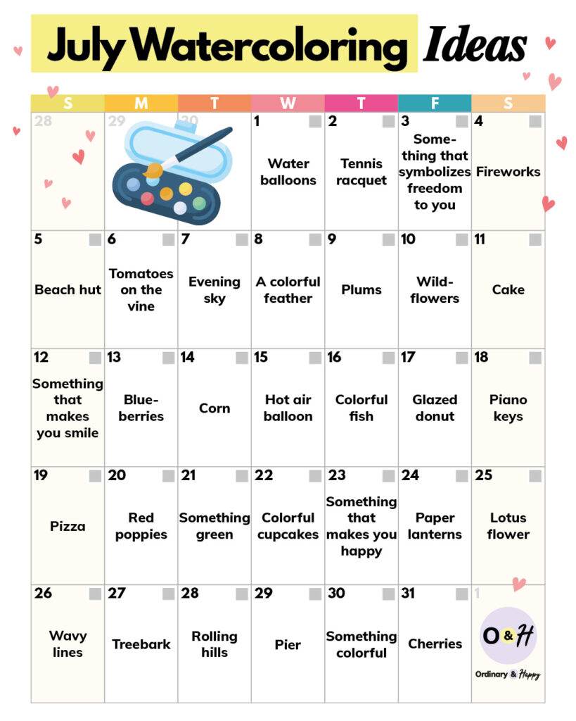 july watercoloring challenge with 31 prompts displayed in a july calendar to paint