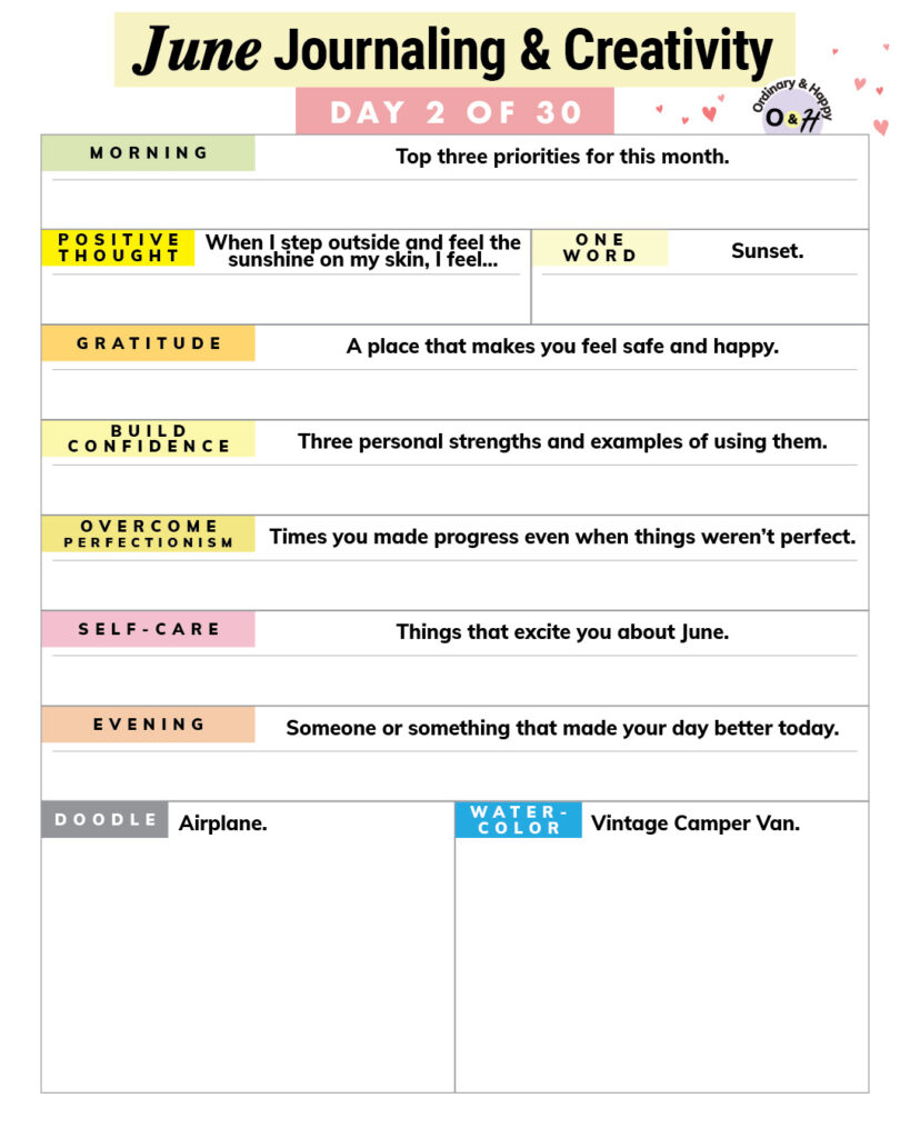 list of journaling prompts and creative prompts with spaces to write your answers on a june 2nd journaling worksheet