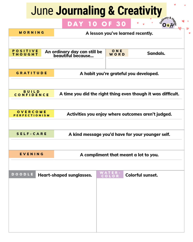 june 10th journaling and creativity worksheet with prompts and spaces to fill in
