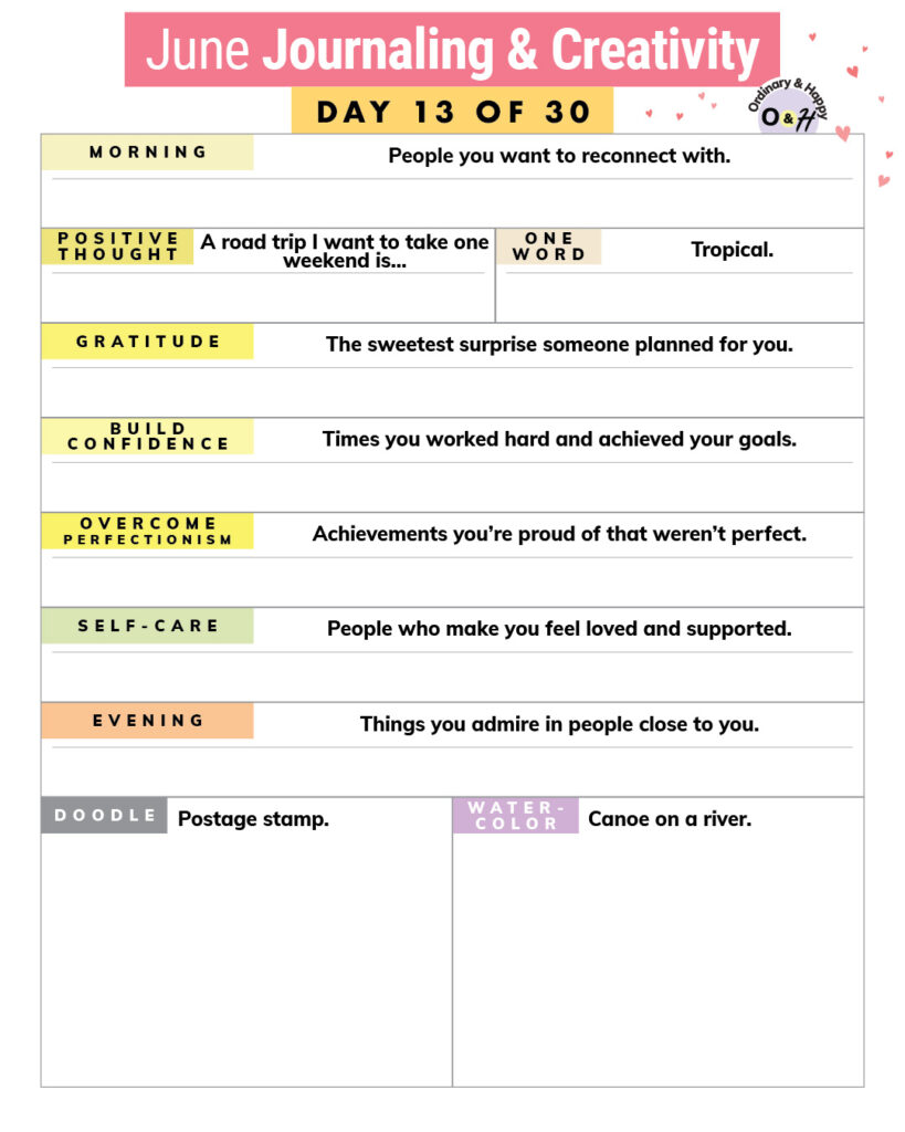 june 13th journaling and creative prompts worksheet with blank spaces to write and fill in