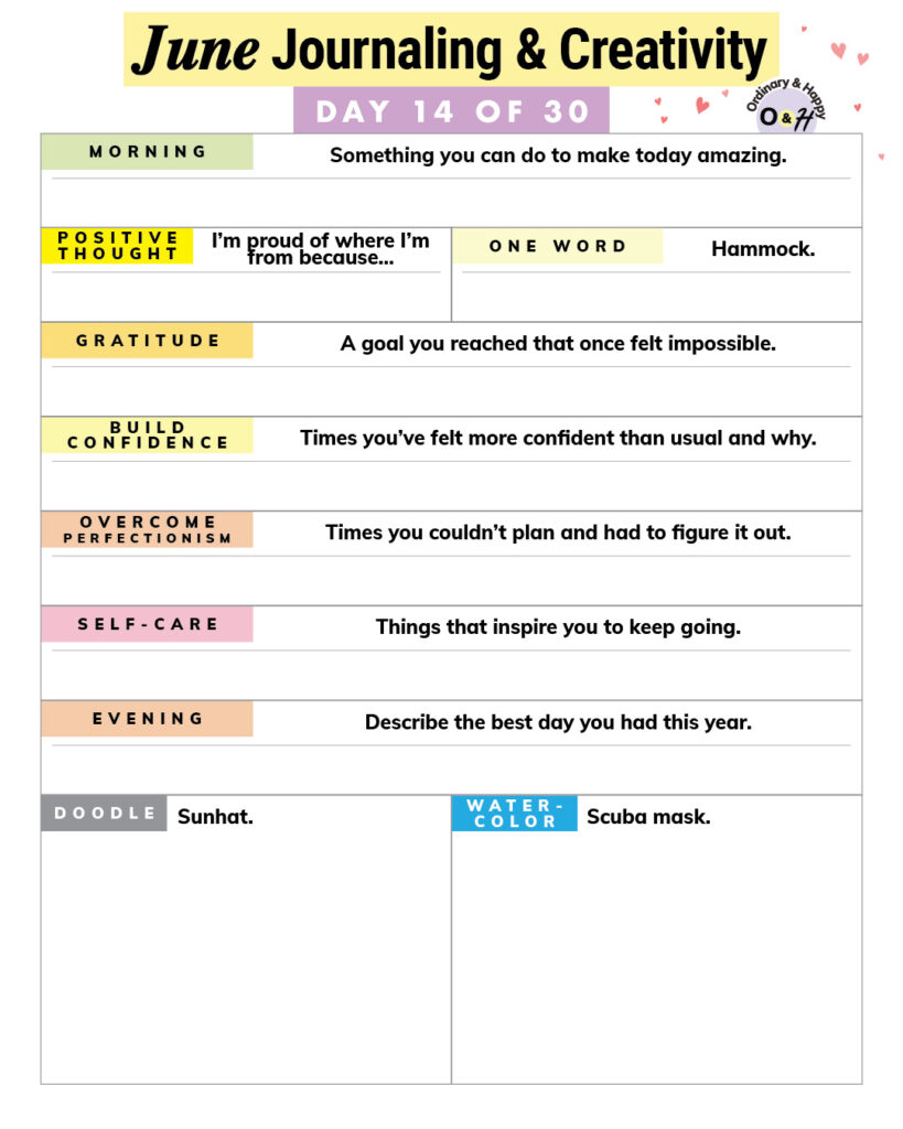 june 14th creativity and journaling worksheet with prompts to paint, draw, or write about
