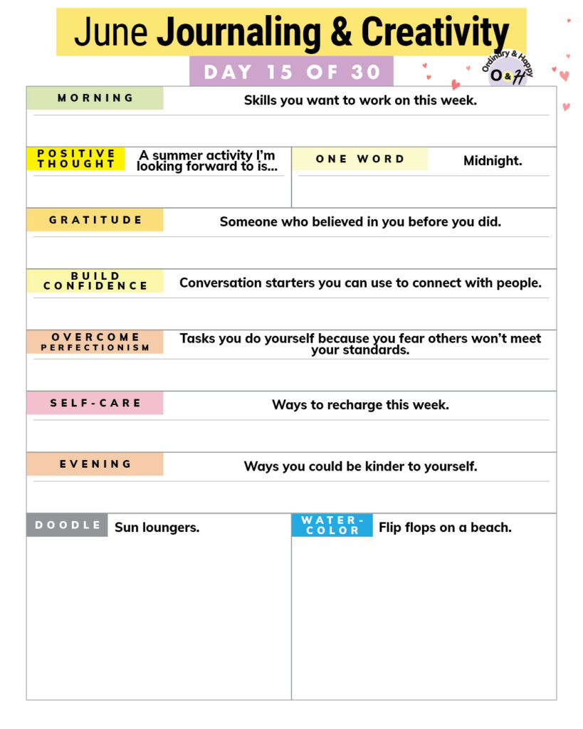june journaling and creativity worksheet with journaling, drawing, and watercoloring prompts
