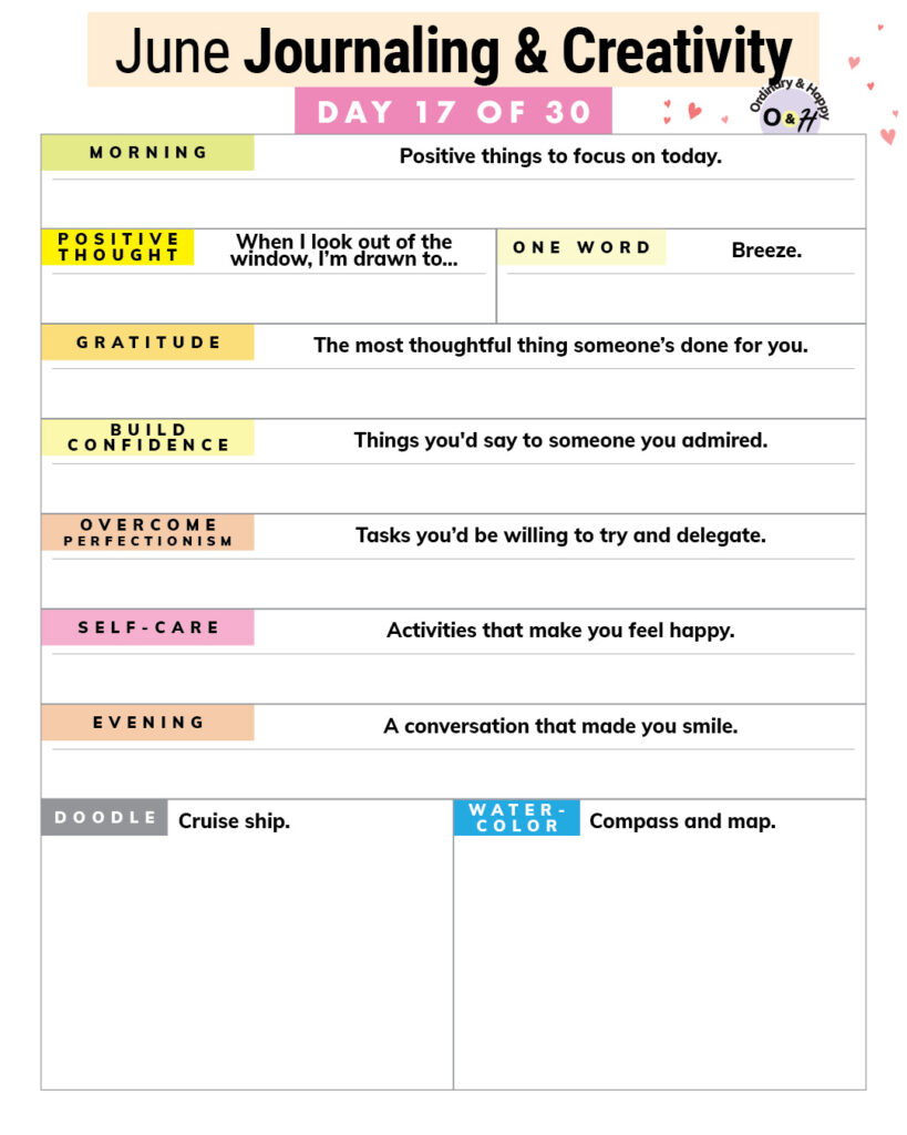 june 17th journaling and creativity prompts worksheet with spaces to fill in your answers