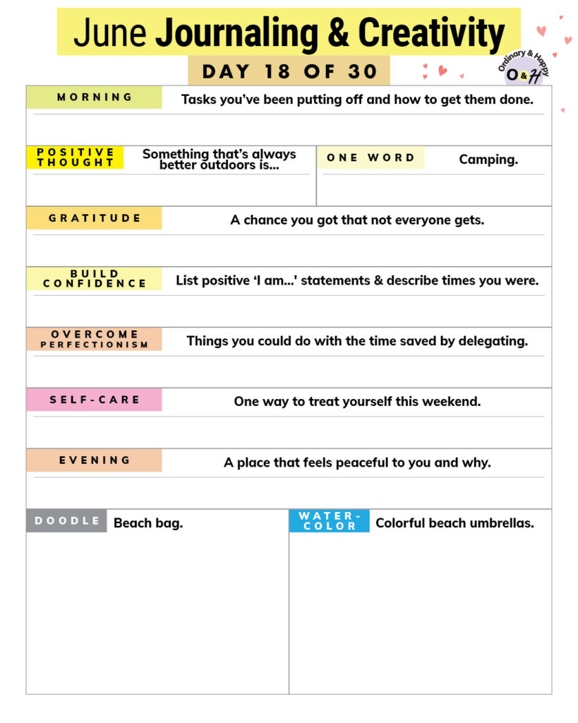 june 18th journaling and creativity worksheet with prompts to fill in