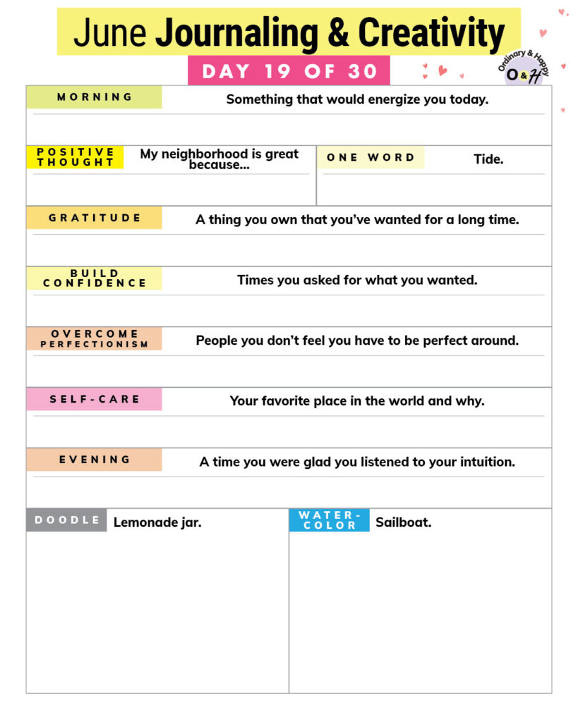 june creativity and journaling worksheet with color-coded prompts and blank spaces to fill in your answers