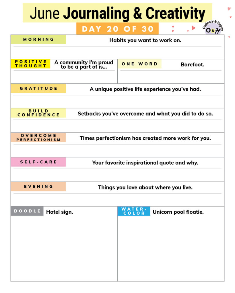 june 20th journaling and creative ideas worksheet with color-coded prompts and spaces to fill in