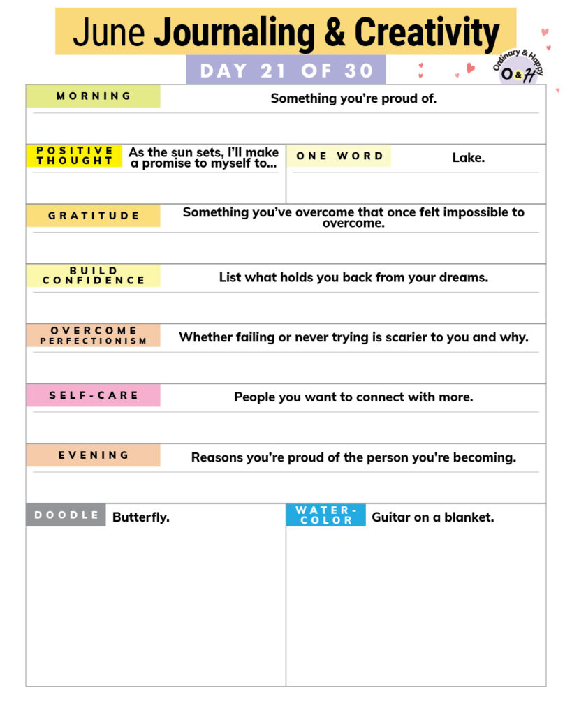 june 21st journaling worksheet with a list of prompts and spaces to fill in