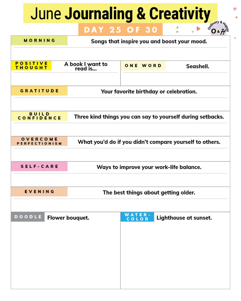 june 25th journaling, drawing, and painting prompts worksheet