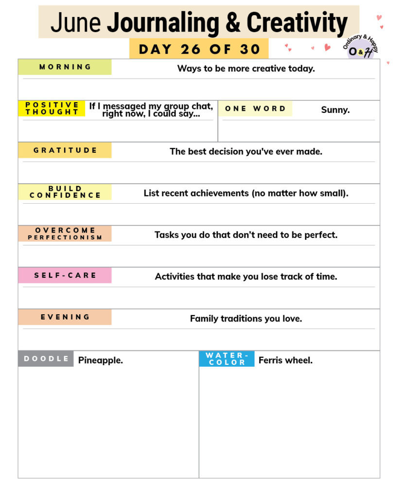 june 26th journaling and creativity worksheet with prompts and spaces to write about them