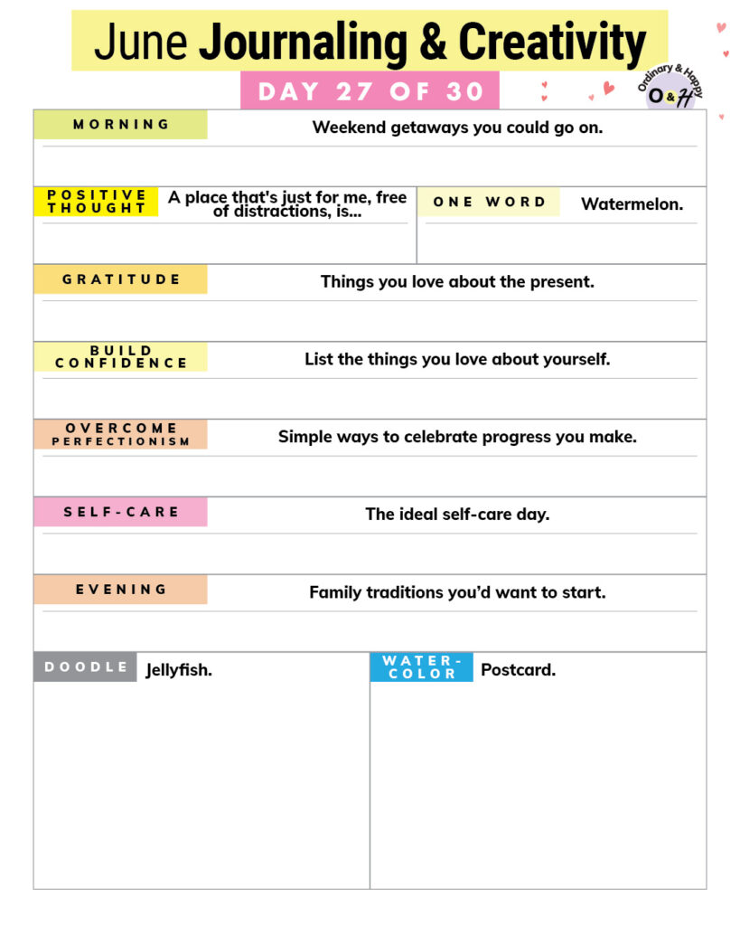 june journaling and creativity worksheet with color-coded prompts and spaces to write your answers