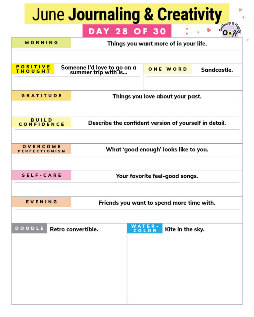 june 28th journaling and creativity worksheet with prompts and spaces to fill them in