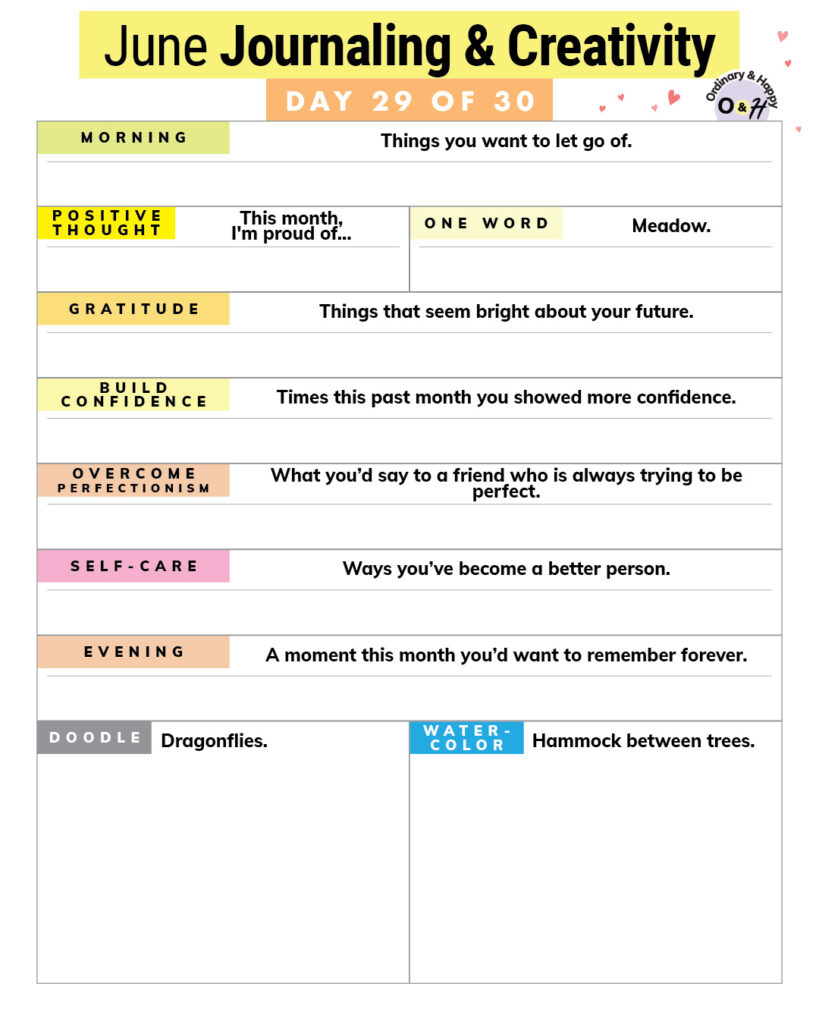 june 29th creativity and journaling prompts worksheet with color-coded prompts and spaces to write and draw