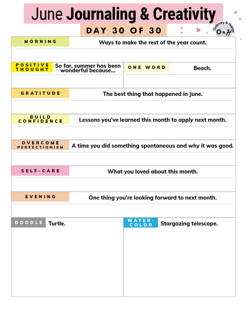 june 30th journaling and creativity worksheet with prompts and spaces to fill in