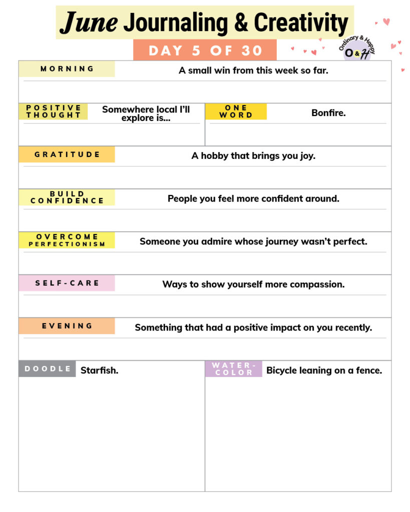 june 5th journaling and creativity worksheet with ideas for writing, drawing, and watercoloring and lines or spaces to fill in
