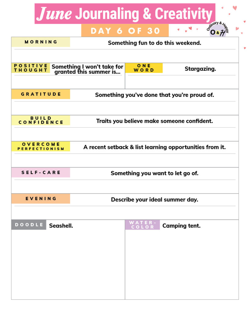 journaling and creativity worksheet for june 6th with journaling prompts and drawing and painting prompts next to blank spaces