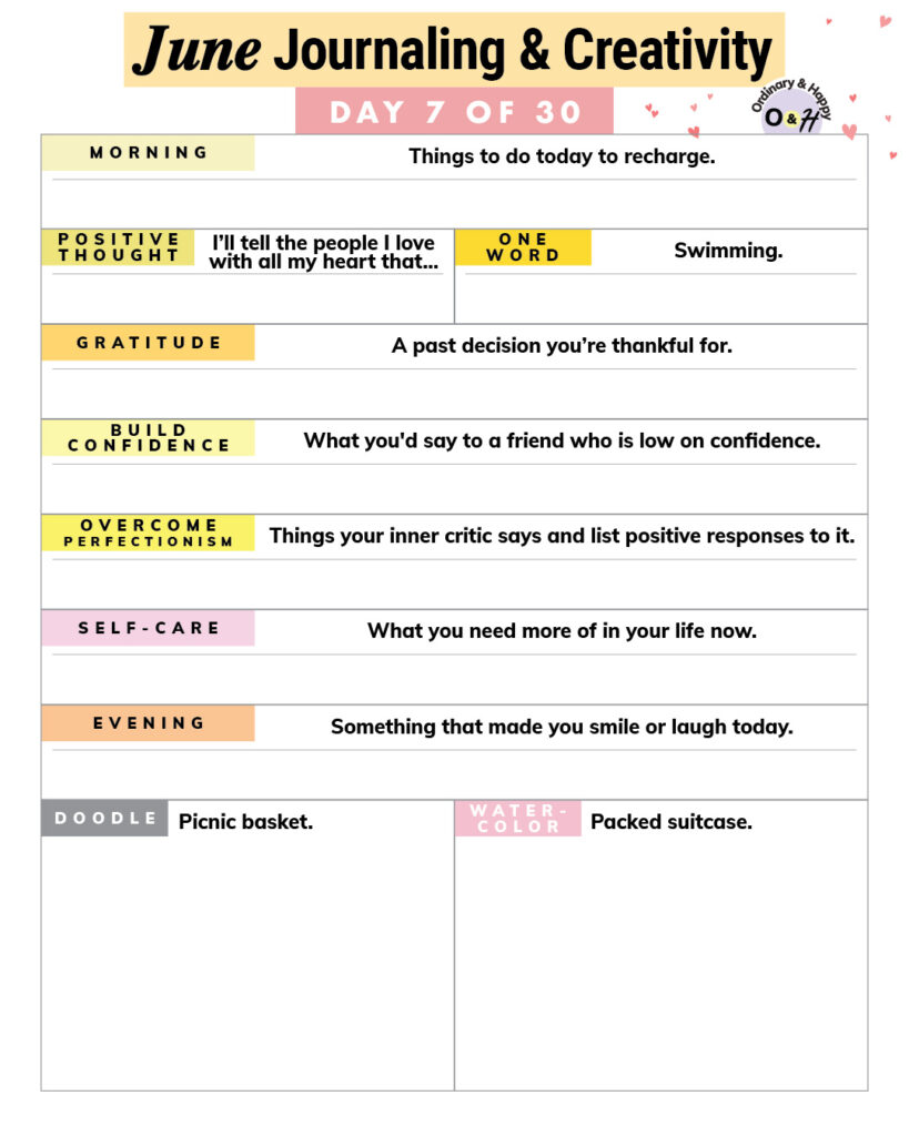 june 7th creativity and journaling worksheet with prompts to fill in