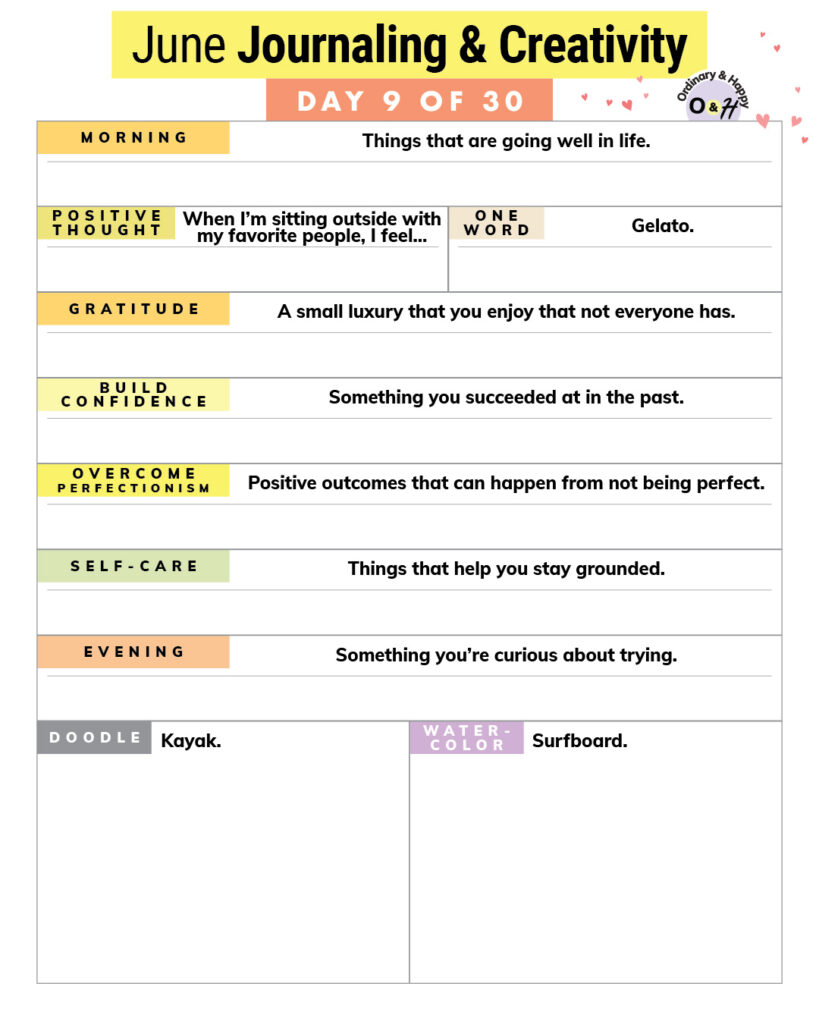 june day 9 journaling and creativity worksheet with prompts and spaces to write or draw about each one