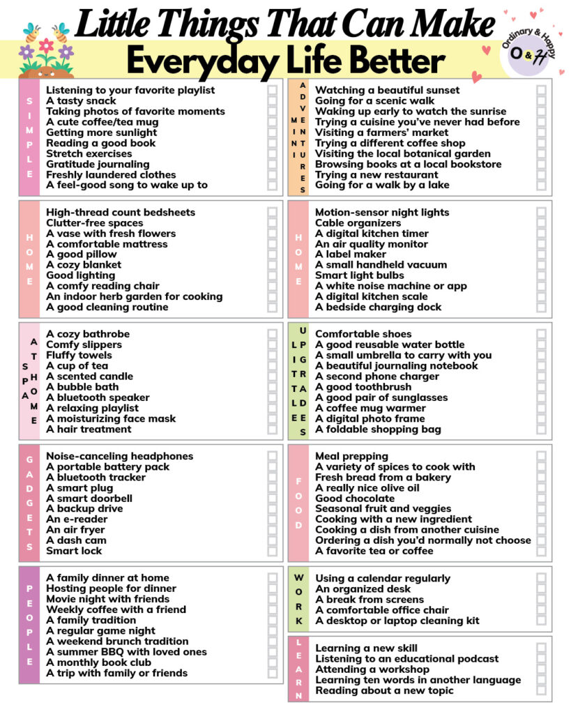 100 ideas listicle of little things that can make everyday life better split into 10-idea sections in color-coded boxes