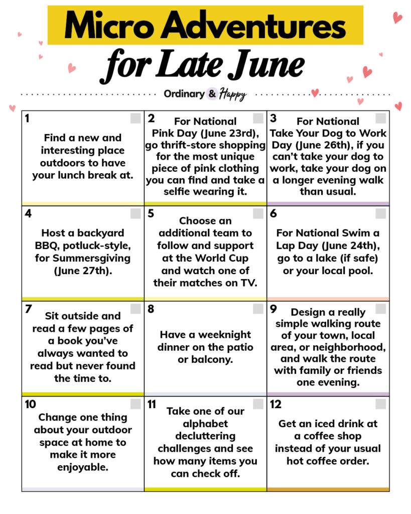 Micro adventures for late june with 12 ideas in a 3x4 grid
