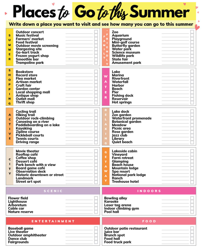 big list of places to enjoy this summer split into 12 color-coded sections with black text on a white background and lines to write the place you want to visit next to the ideas