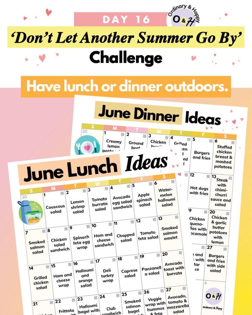 day 16 summer challenge graphic with the idea of having lunch or dinner outside, with a june lunch and dinner calendar displayed below