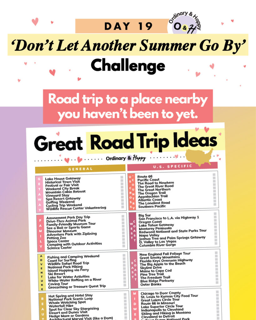 summer change day 19 with a big printable of road trip ideas to plan a road trip with