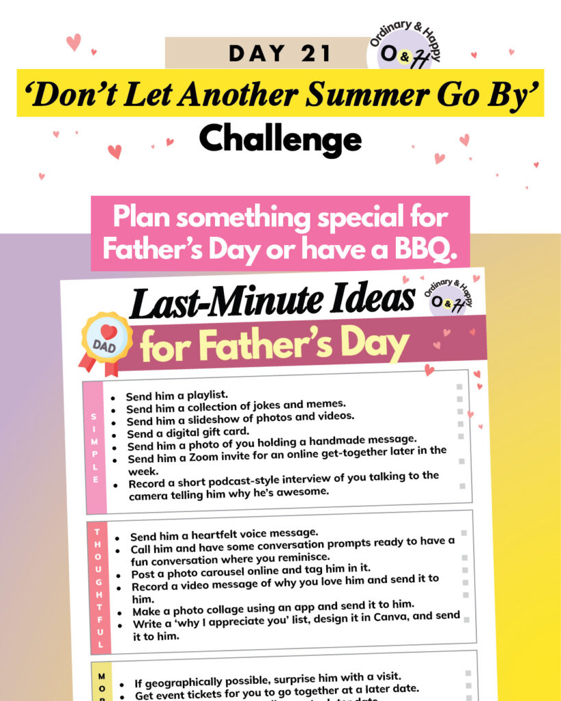 june 21st summer challenge with a list of last-minute father's day ideas