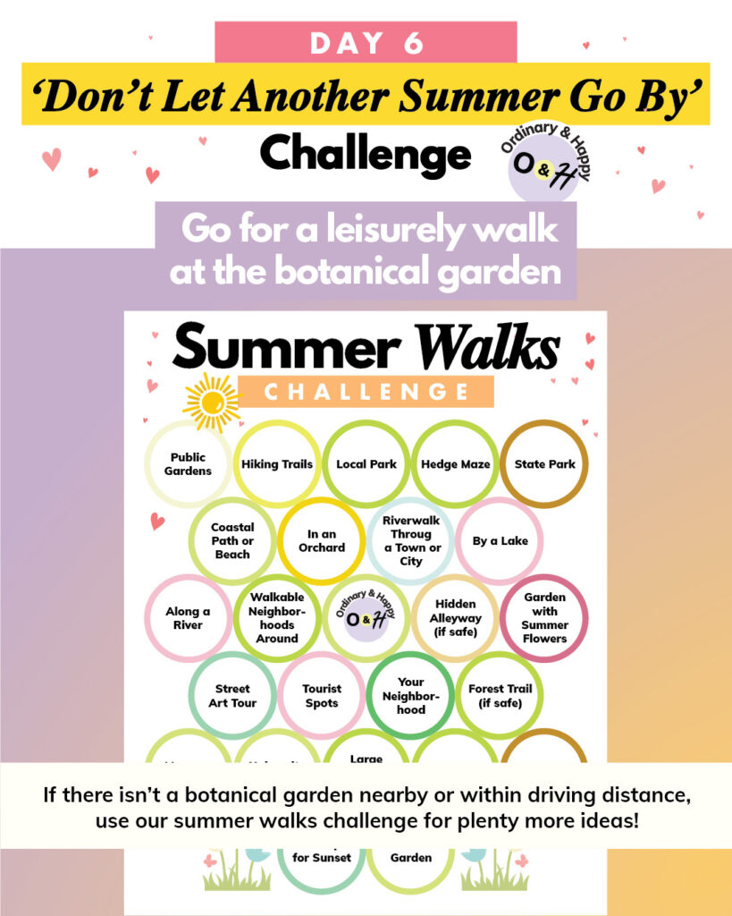 summer challenge day 6 displaying the idea of going for a walk at the botanical garden and containing a printable of summer walk ideas