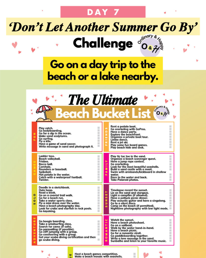 summer challenge day 7 with the idea of going to a beach or lake and a beach bucket list partially visible below
