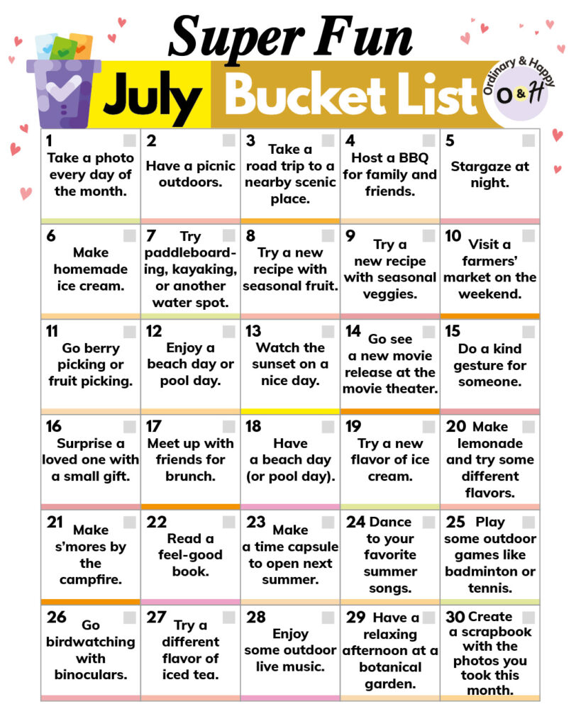 july bucket list with 30 ideas in a 5x6 grid