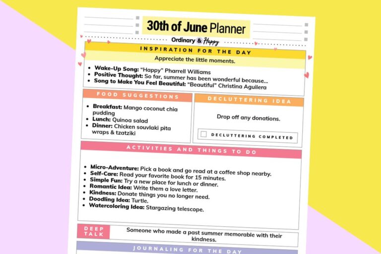 june 30th daily planner printable partially visible on a lilac and yellow background