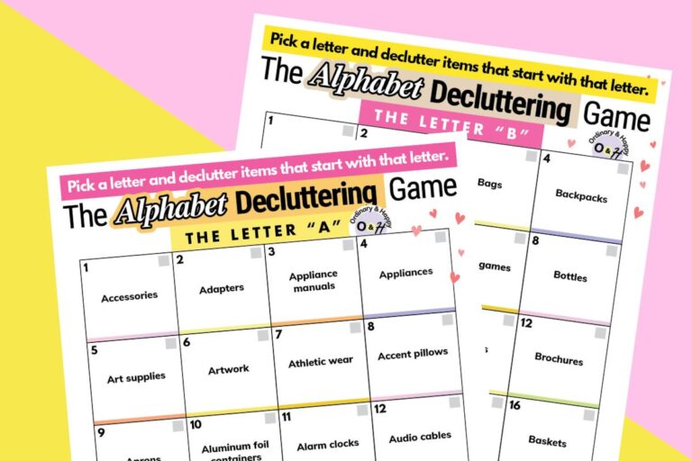 two alphabet decluttering checklists overlapping each other displayed on a pink and yellow background