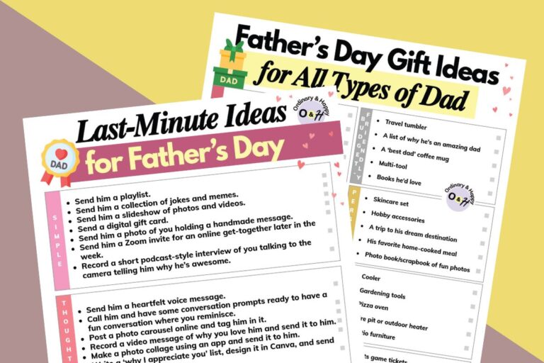 listicle of last-minute father's day ideas and gift ideas on a grey-red and yellow diagonal background