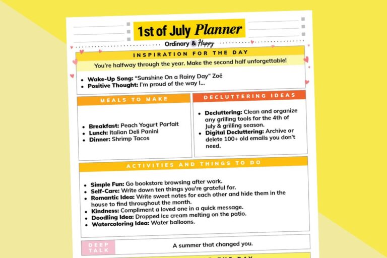 july 1st daily planner printable with lists of ideas for the day