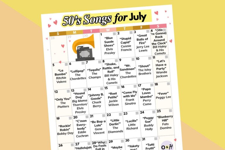 july calendars of 1950s songs on an orange and yellow background
