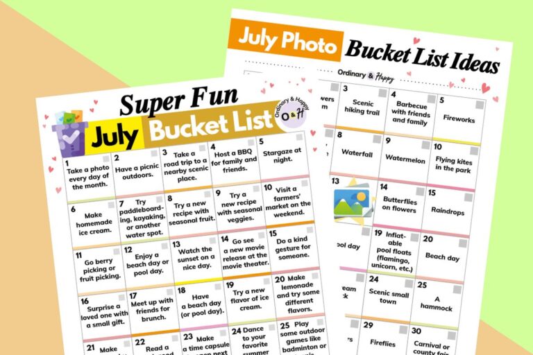 july bucket list and photo bucket list printables overlapping over an orange and yellow 2-color background