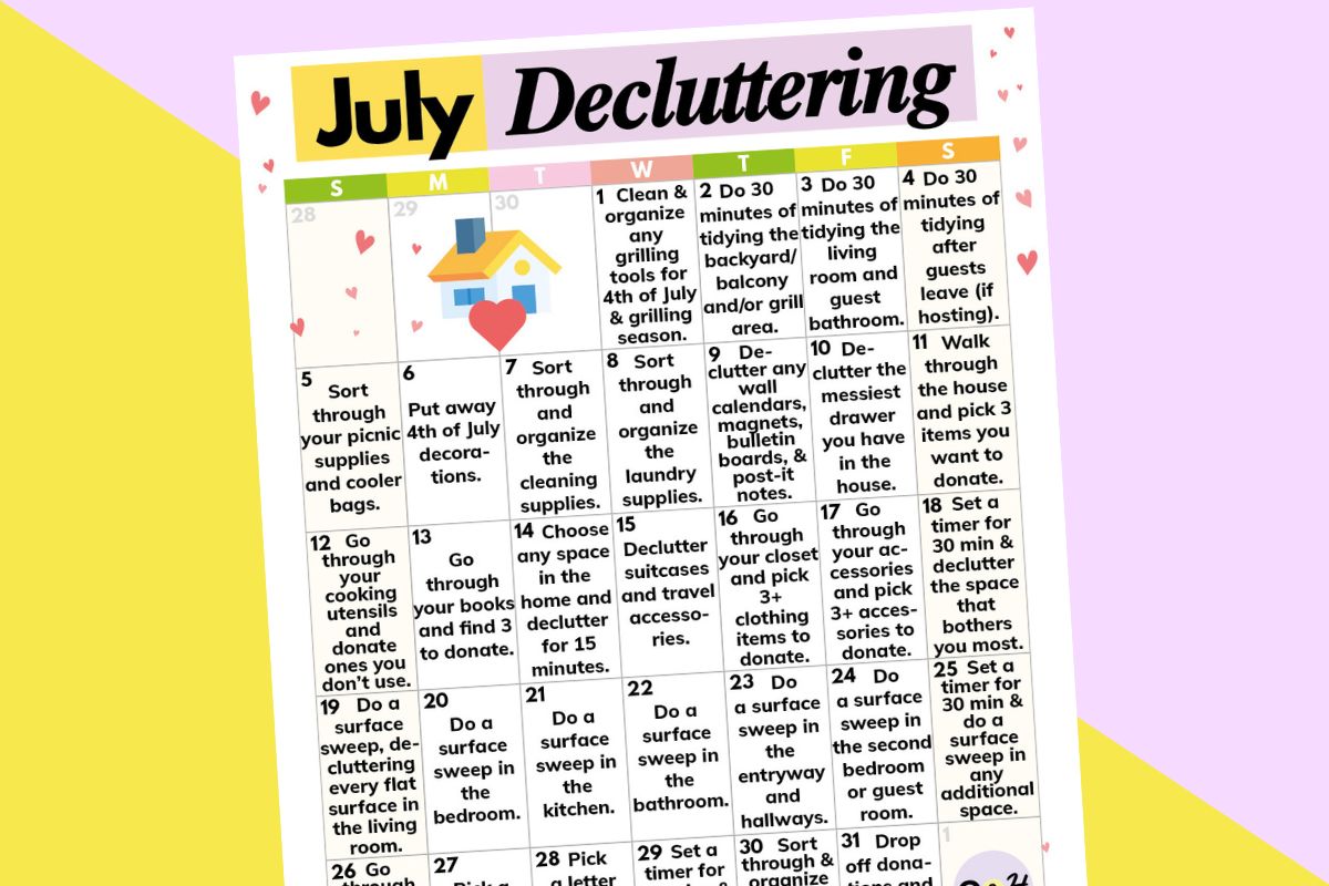 july decluttering calendar printable displayed on a yellow and lilac background
