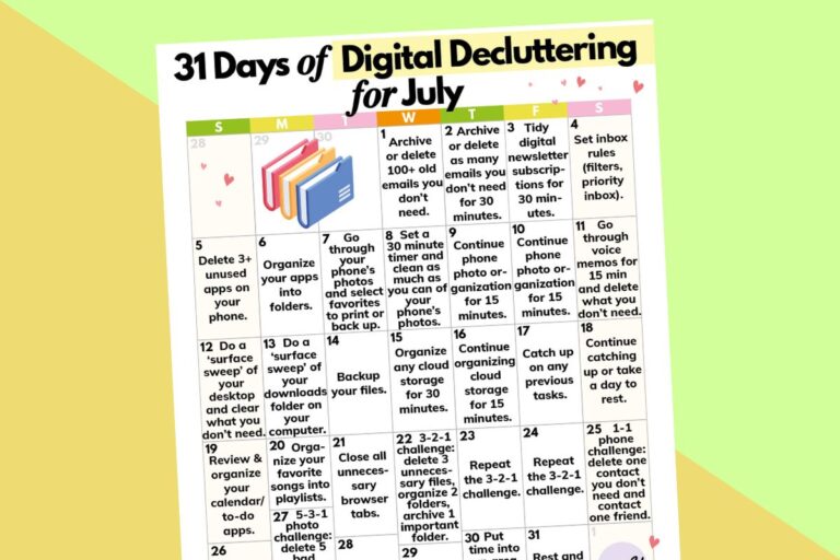 july digital decluttering calendar with ideas for every day displayed in a 7x5 calendar grid on a 2-color block color background