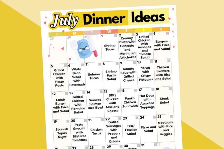 july dinner ideas calendar on a 2-color yellow and orange background