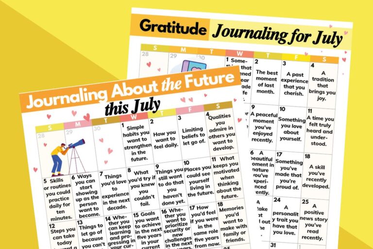 July calendars featuring gratitude journaling and journaling about the future.