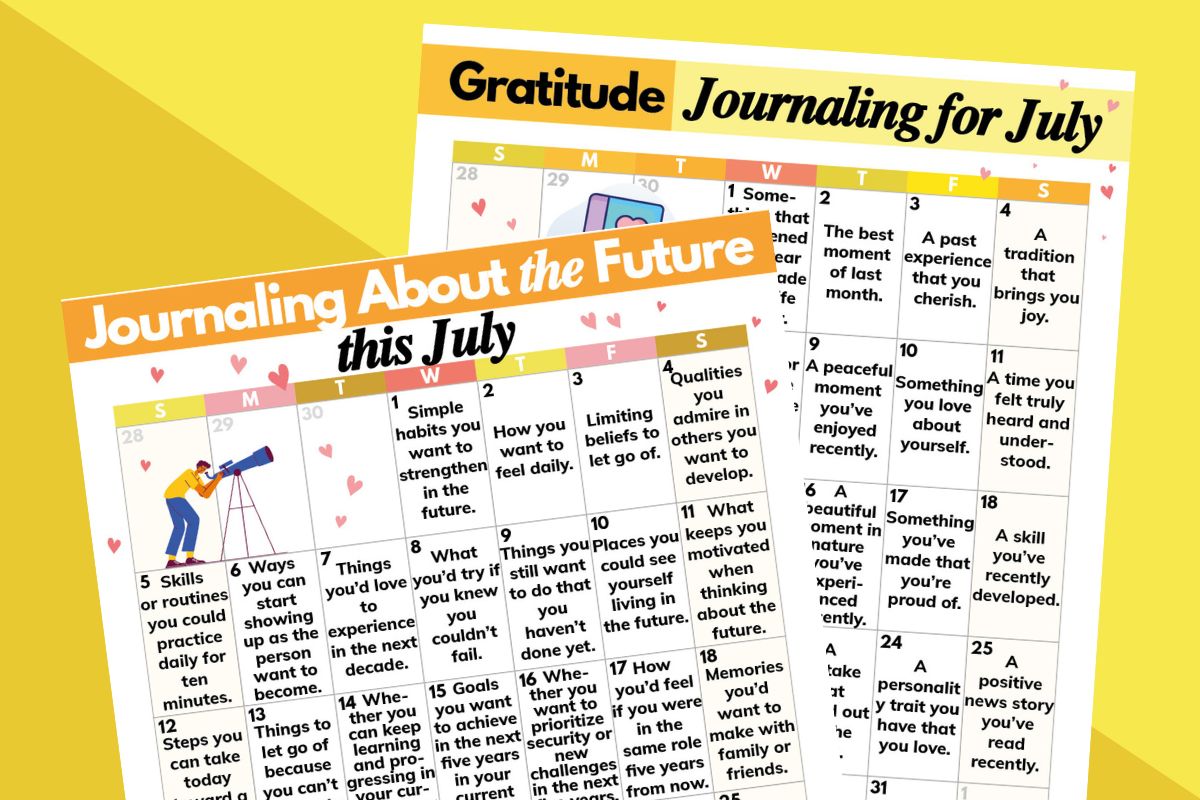 July calendars featuring gratitude journaling and journaling about the future.