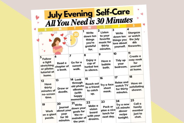 july evening self-care ideas calendar printable on a light orange and yellow background