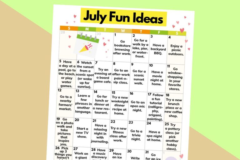july simple fun ideas on a 7x5 calendar on a 2-color yellow and orange background