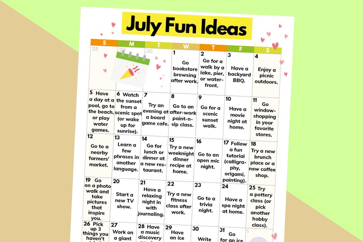 july simple fun ideas on a 7x5 calendar on a 2-color yellow and orange background
